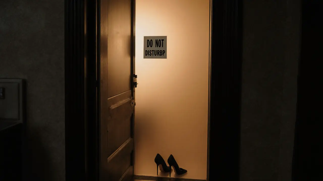 A boutique hotel door with a 'Do Not Disturb' sign and soft light inside.