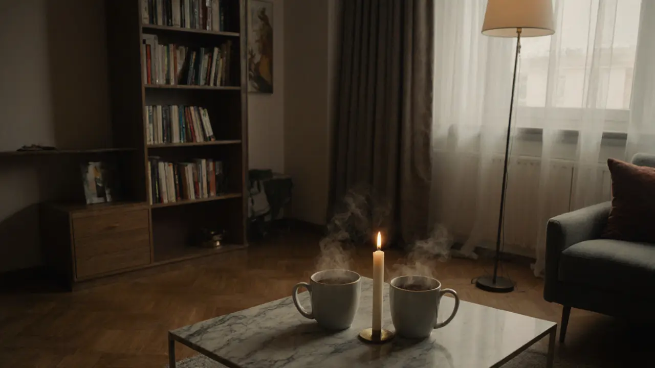 A cozy living room with mugs and books, suggesting a quiet, intimate evening in Nişantaşı.