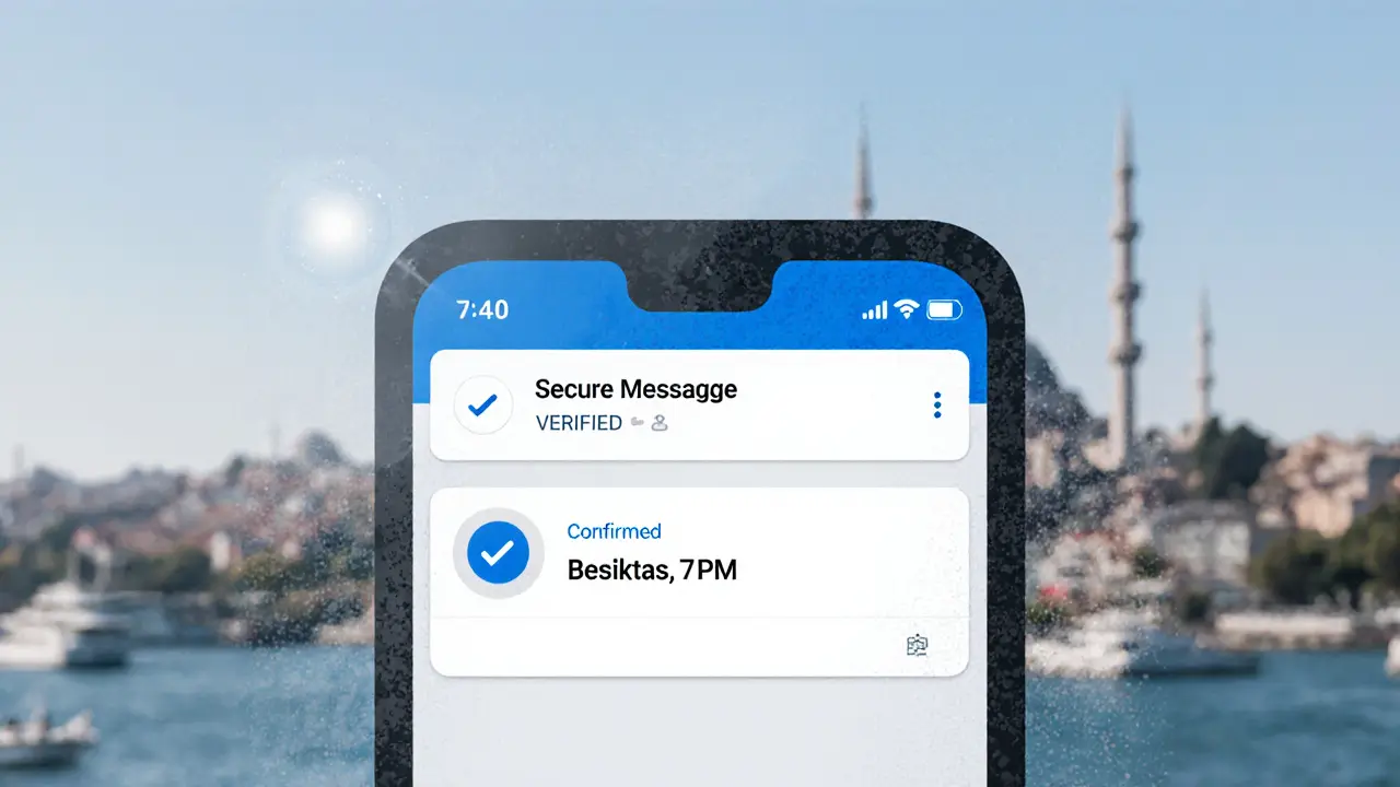 A smartphone screen displaying a verified escort profile with a confirmed meeting time in Beşiktaş.