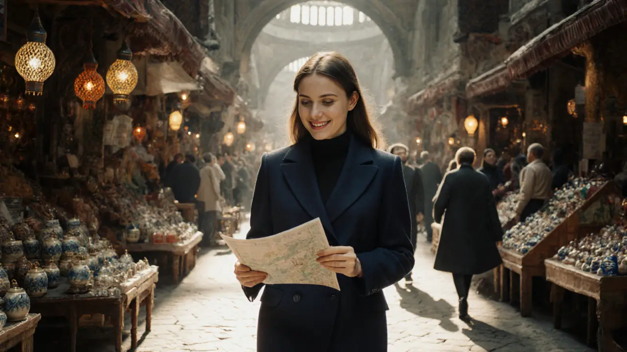 A woman walking through the Grand Bazaar, holding a map and smiling softly.