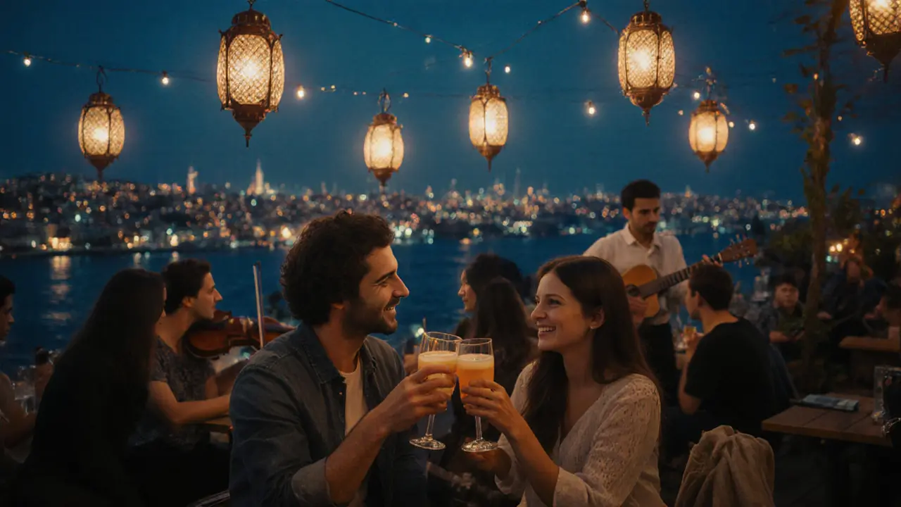 Couple toasting at a rooftop bar in Istanbul with lanterns and city skyline.