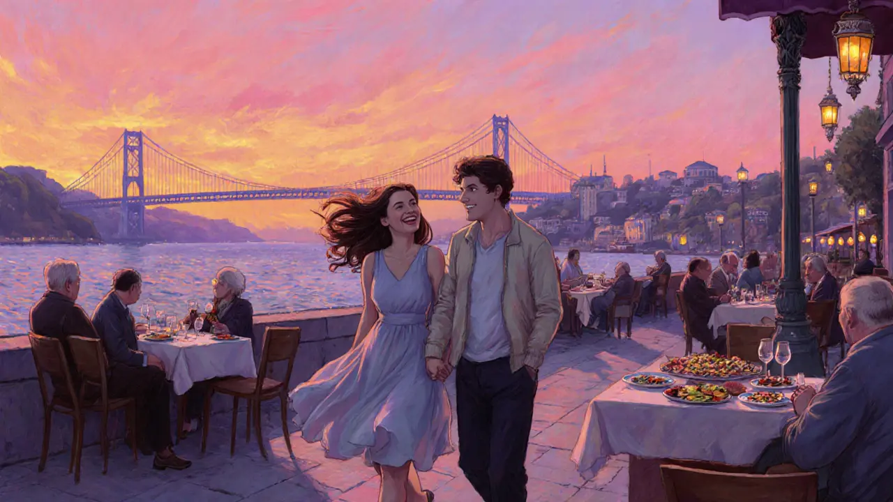 Couple walking hand‑in‑hand along the Bosphorus at sunset with city lights.