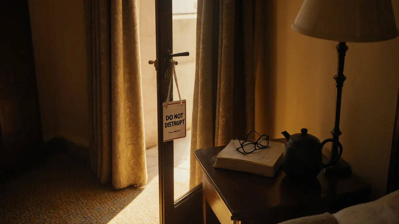 Hotel room door slightly open with 'Do Not Disturb' sign, soft light inside, glasses and book on nightstand.