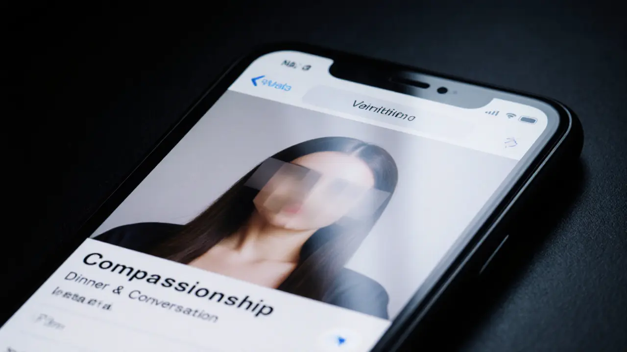 Smartphone screen showing a blurred escort profile with neutral text about companionship.