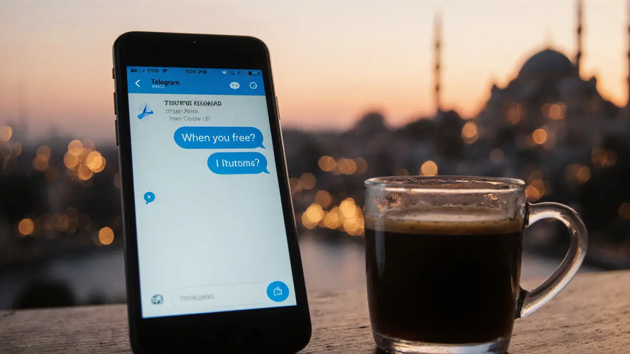 Smartphone screen showing a Telegram message asking 'When are you free?' beside a cup of Turkish coffee.