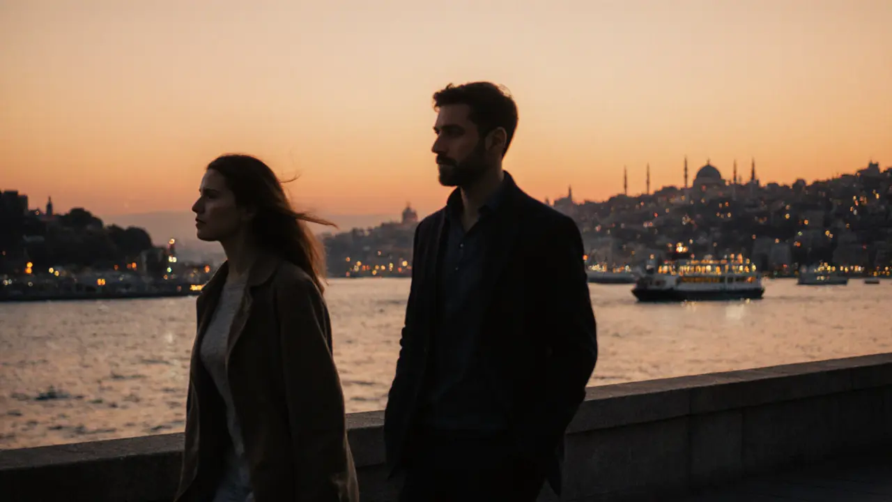 Two people walking casually along the Bosphorus at sunset, no physical contact.