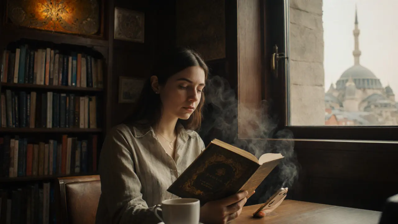 A woman reading in a cozy Istanbul café with coffee and phone nearby.