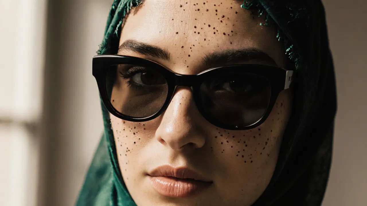 Close-up of Turkish model with natural makeup and headscarf paired with designer sunglasses