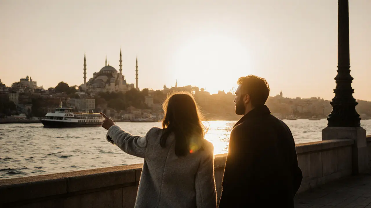 Two people walking peacefully along the Bosphorus at sunset, pointing toward city lights.