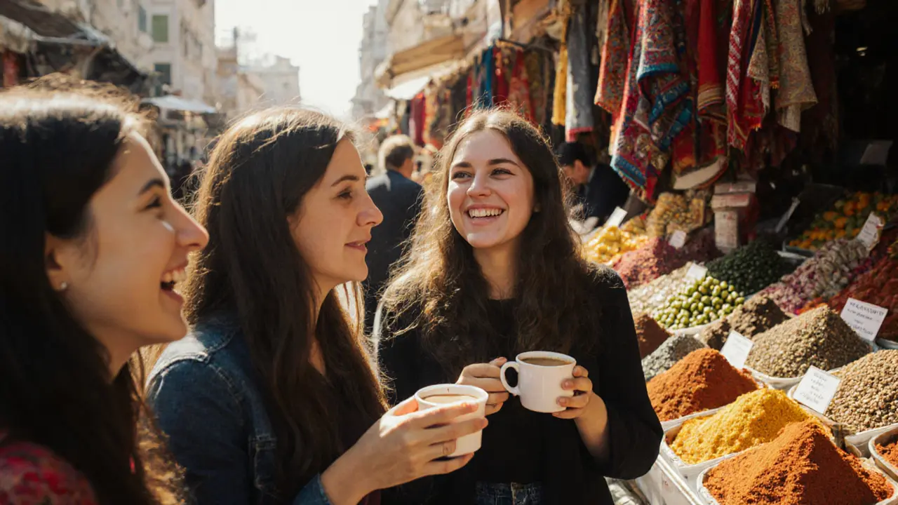 Young Turkish women laughing together at a vibrant weekend market.