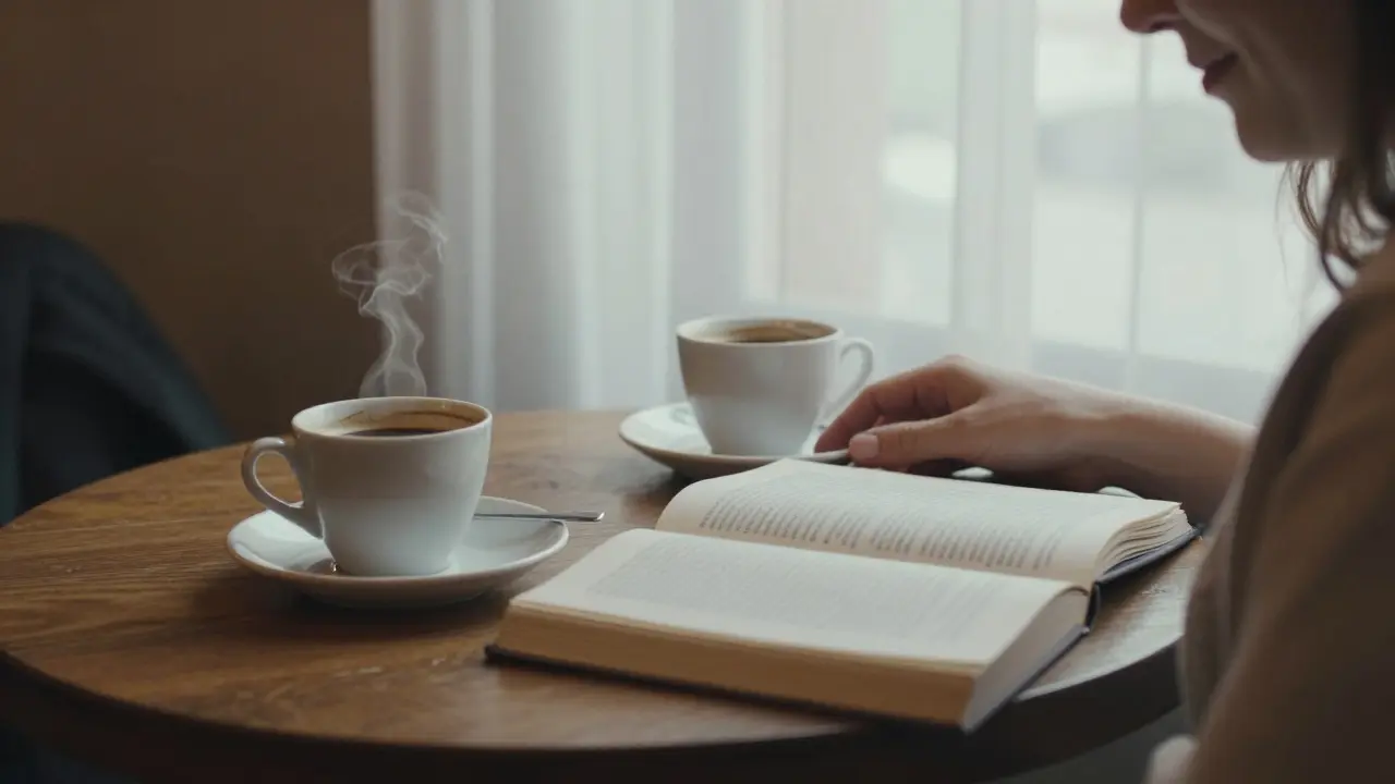 A café table with two coffee cups and a book, no faces visible.
