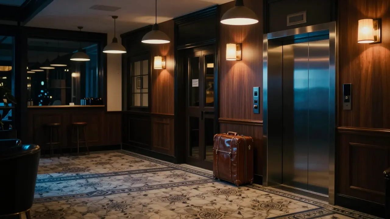 Nişantaşı&#039;da bir otel lobisi, tek bir valiz ve &#039;Lütfen Ziyaret Etmeyin&#039; işareti.